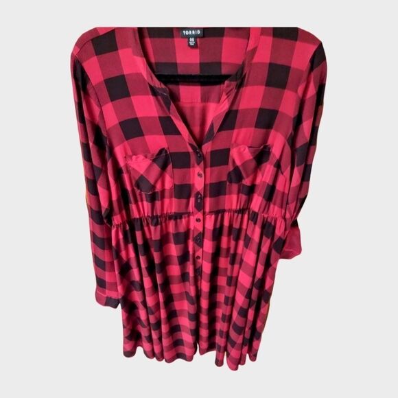 TORRID  maroon & black plaid challis button front midi dress Size M/L - Picture 2 of 16